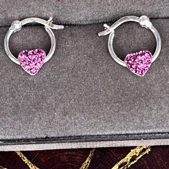 Pink Cubic Zironia Heart Sterling hoops Huggie Earrings love jewelry by JCM - Picture 8 of 8
